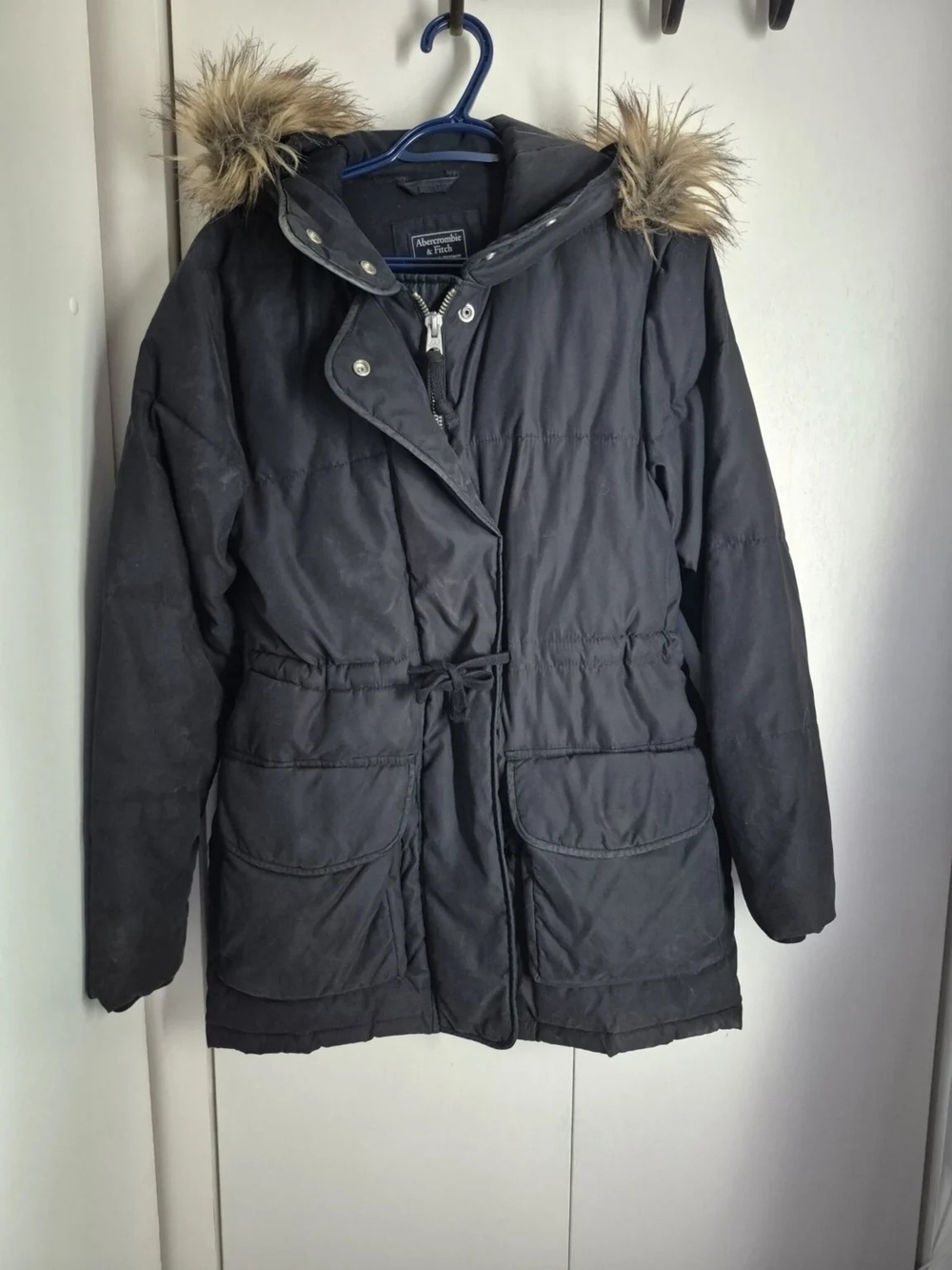 Abercrombie & Fitch Black Hooded Puffer Coat with Faux Fur Trim